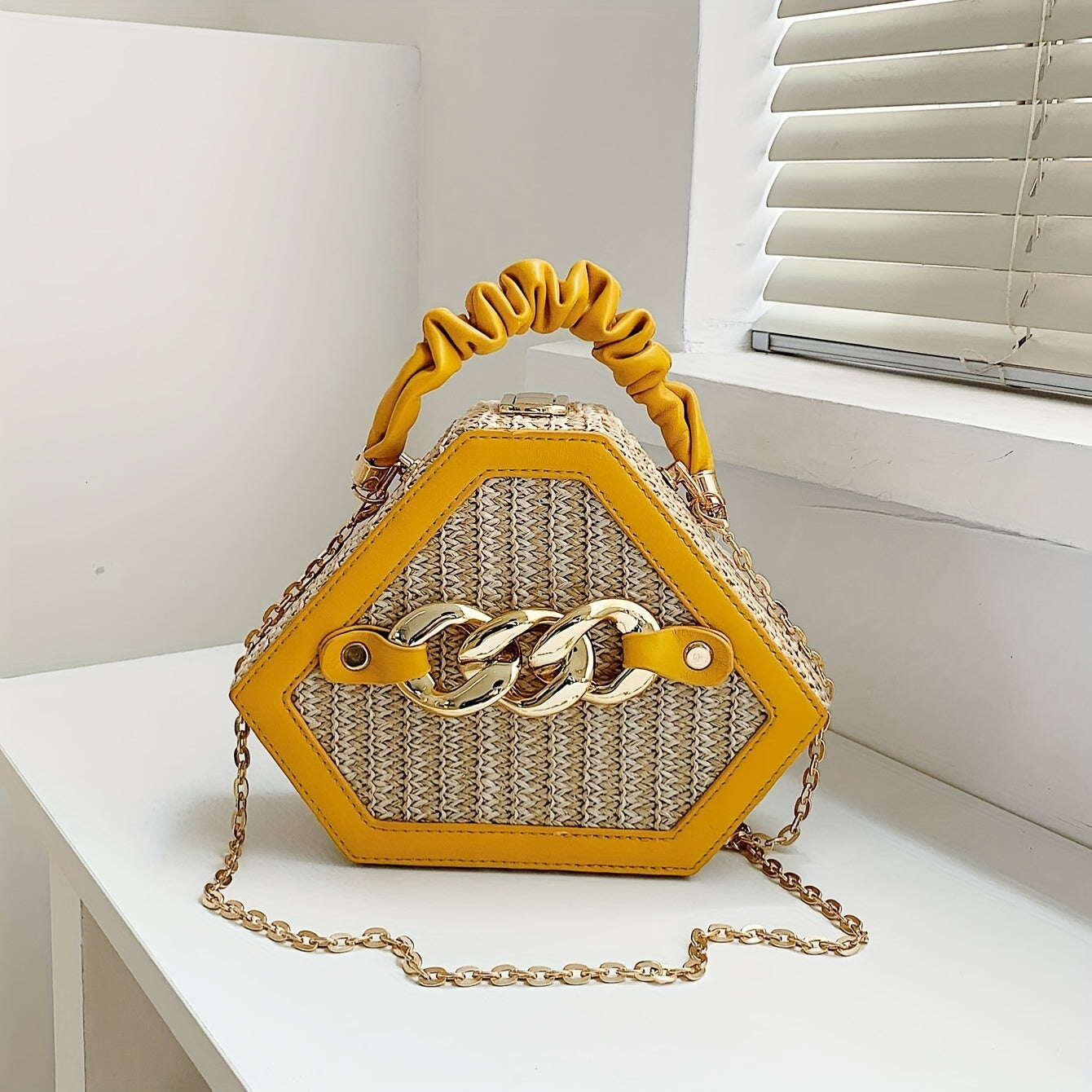 Fashion Niche Shaped Satchel Bag, Chain Decor Straw Design Chain Bag, Mini Top Ruched Strap Handbag